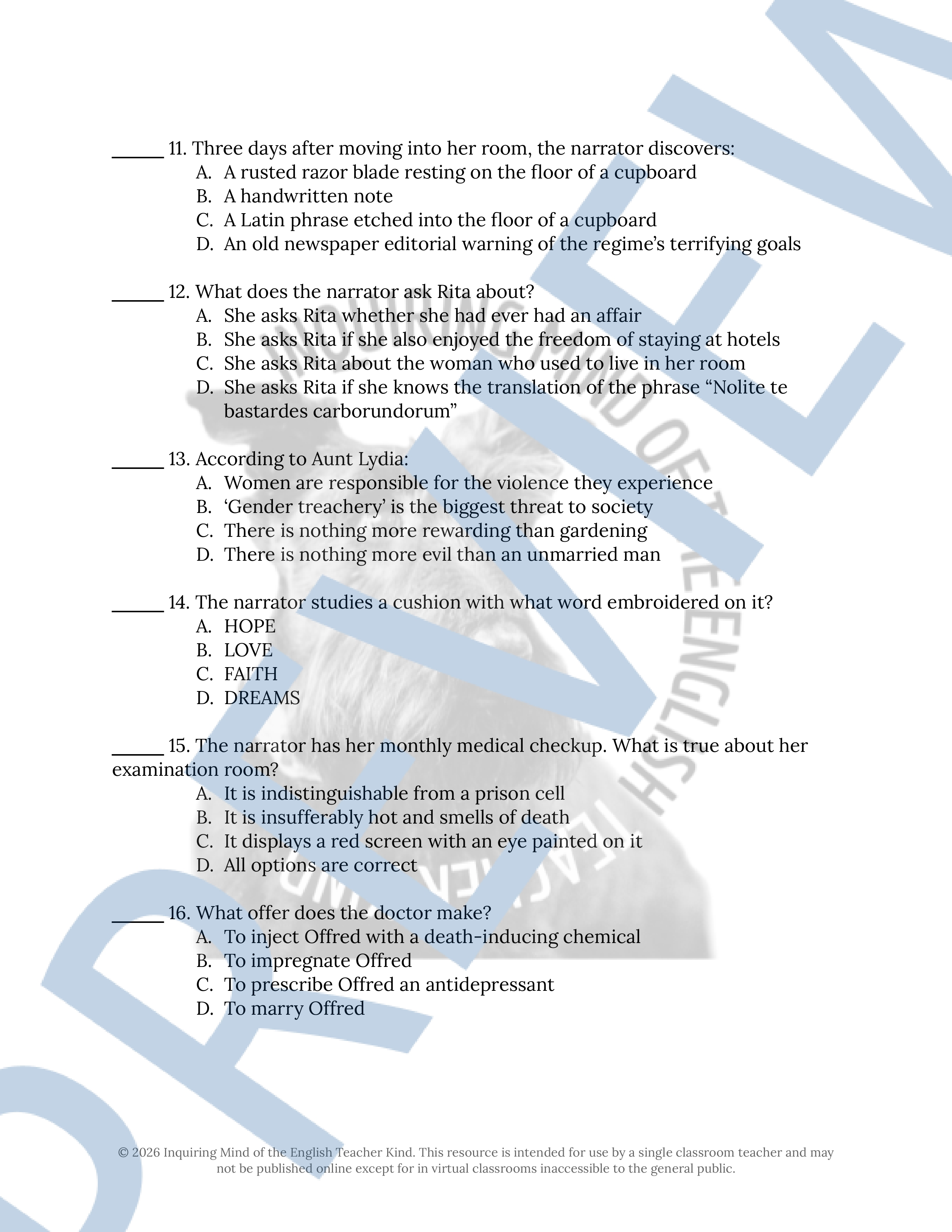 The Handmaid's Tale Chapters 6, 7, 8, 9, 10, and 11 Quiz and Answer Key ...