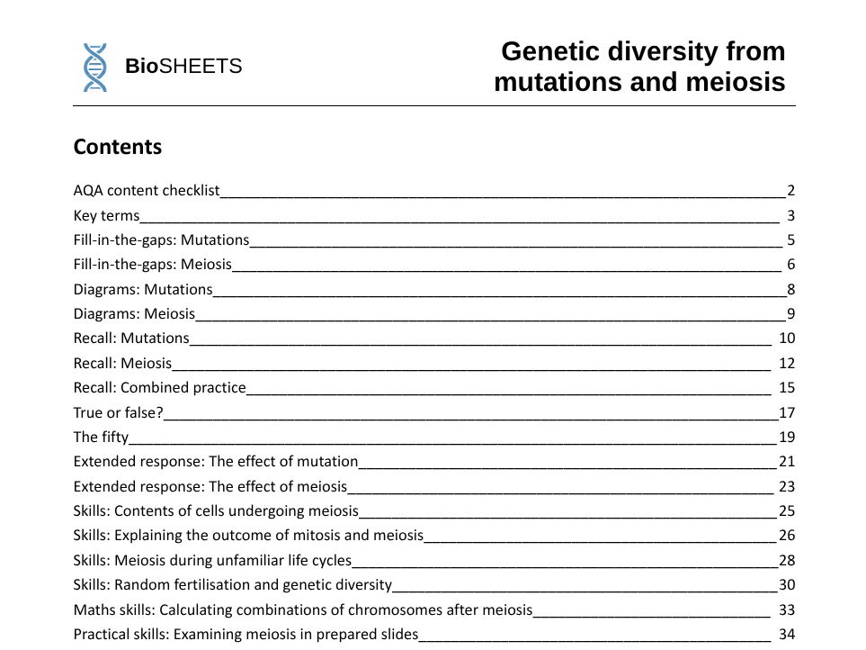AQA A-Level Biology: 4.3 Mutations and meiosis – BioSHEETS Complete Study & Practice Pack