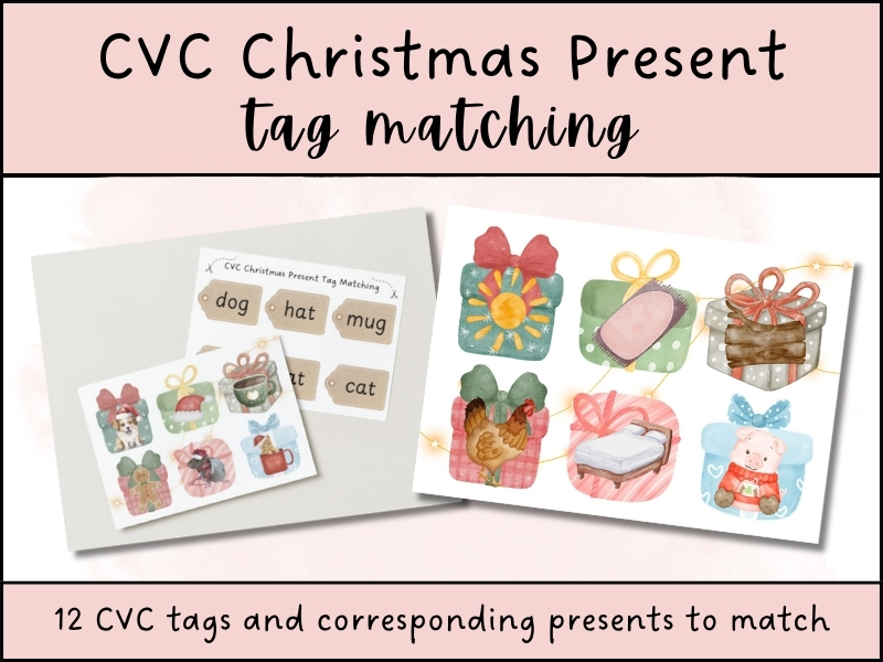 Christmas CVC Word Present Tag Matching