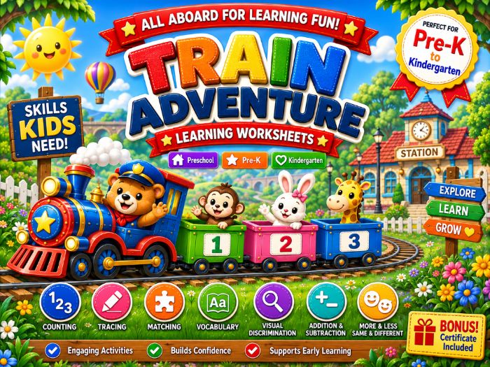 Train Activities for Pre-K & Kindergarten | Math, Tracing, Matching & Counting Worksheets