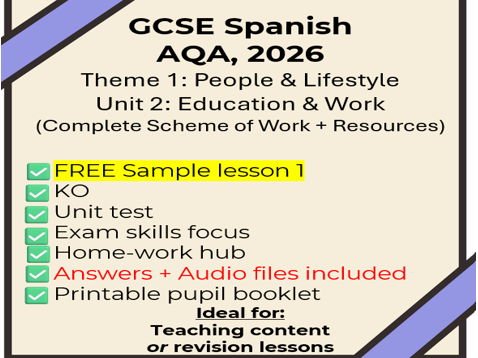 Free Sample - Lesson 1 -GCSE Spanish: Education & Work(Theme 1/unit 2, AQA,2026)