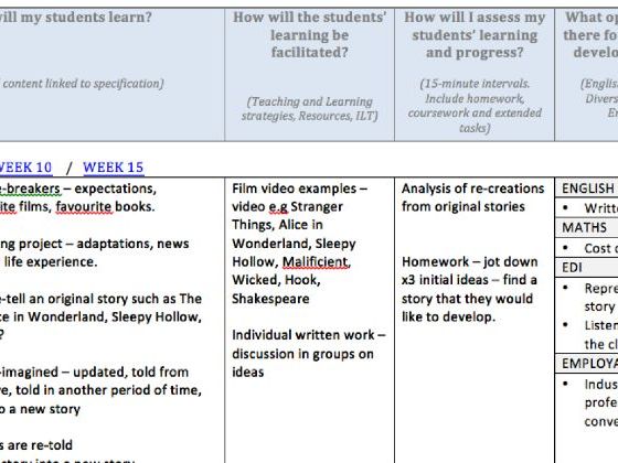 Scheme of Work/Course planner for film script writing