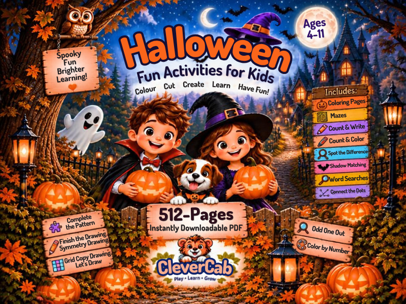 Clevercub Halloween Colour, Cut, Paste & Mazes 512-page Activity Book Ages 4-11