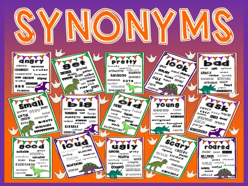 SYNONYMS VOCABULARY POSTERS -DISPLAY  EYFS KS1-2 LITERACY ENGLISH (DINOSAUR THEME)