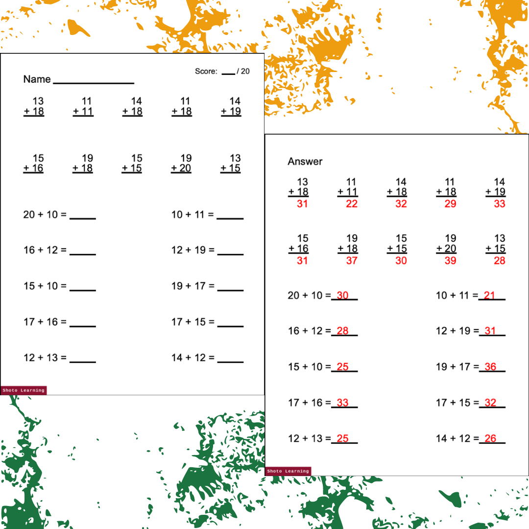 ADDITION 10 20 Worksheets Horizontal Vertical Practice Problems Numbers 