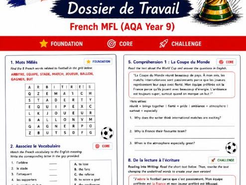 French Football & World Cup Workbook + Answers | Year 9 French | KS3 French Resource Pack