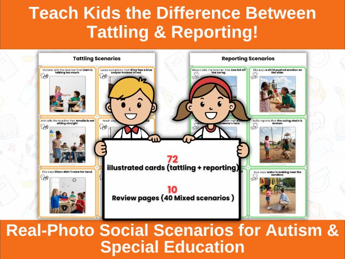 Tattling vs Reporting Social Skills Cards | Real Photo Scenarios for Autism & Special Education