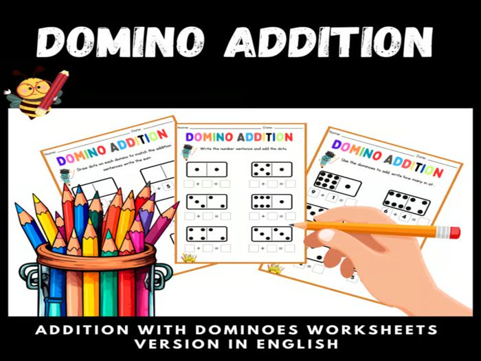 Domino Addition Practice Missing Addends, and More! Facts within 20 worksheets / Version in English