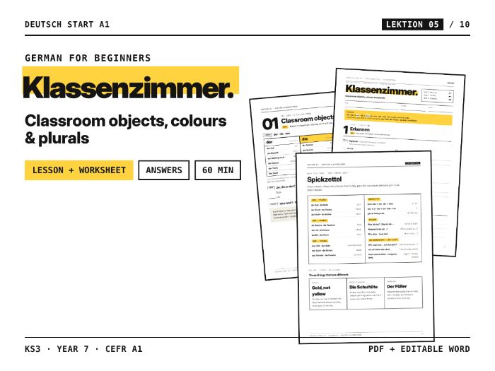 KS3 Year 7 A1 – Lesson + Worksheet - Classroom Objects, Colours & Plurals