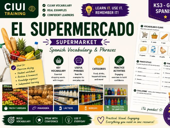 Spanish at the Supermarket | Spanish Vocabulary Poster & Student Worksheet | GCSE Spanish | KS3