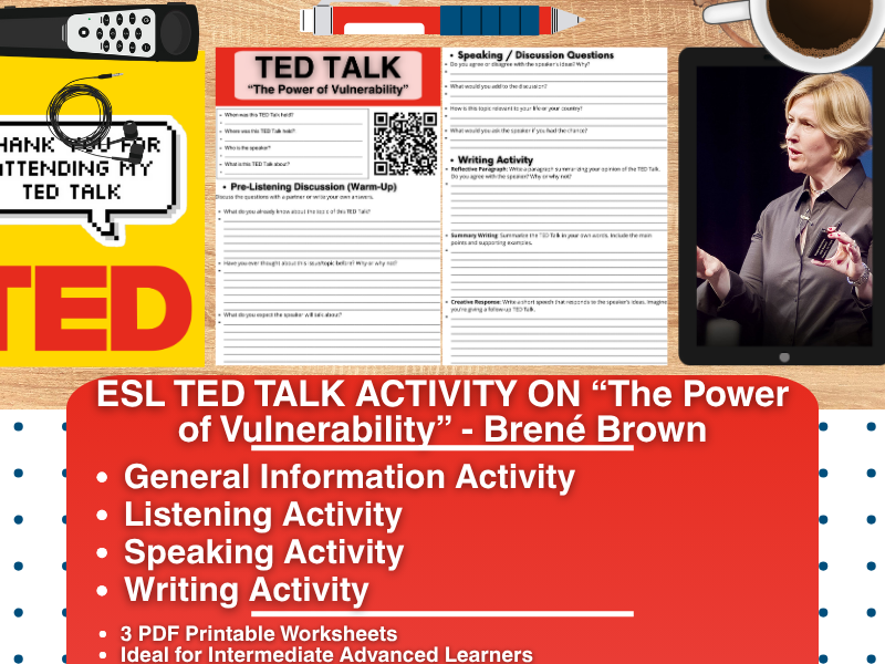 ESL TED Talk Activity Worksheets - "The Power of Vulnerability" - Brené Brown