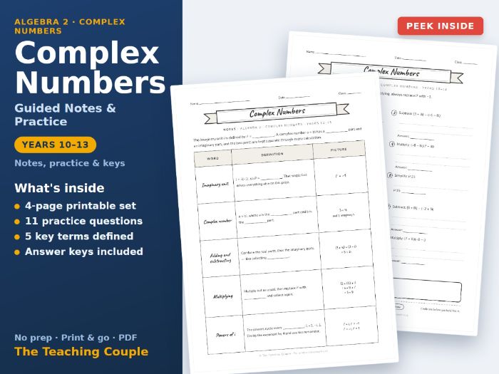 Complex Numbers Sketch Notes & Practice + Answer Keys | Years 10-13