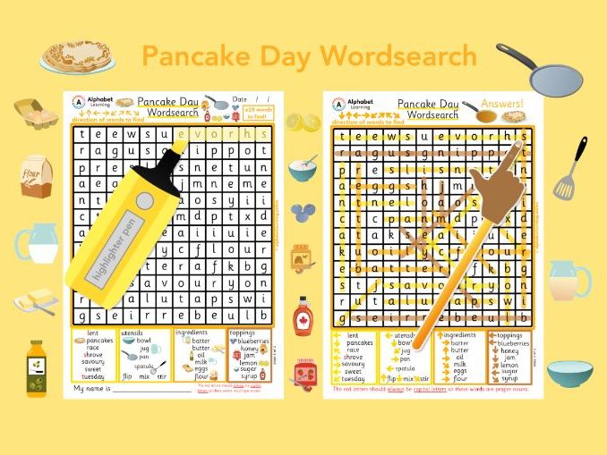 Wordsearch - Pancake Day Shrove Tuesday, x28 words to find