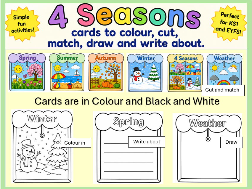 4 Seasons Cards to Colour, Cut and Match