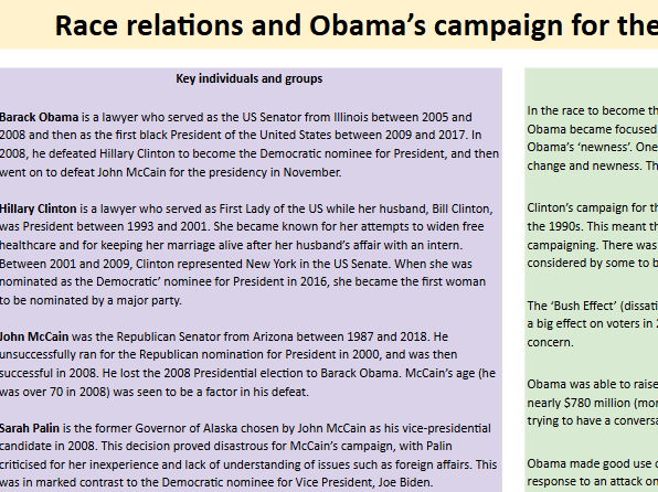 Knowledge organiser - Race relations + Obama’s campaign for the presidency (Edexcel International)