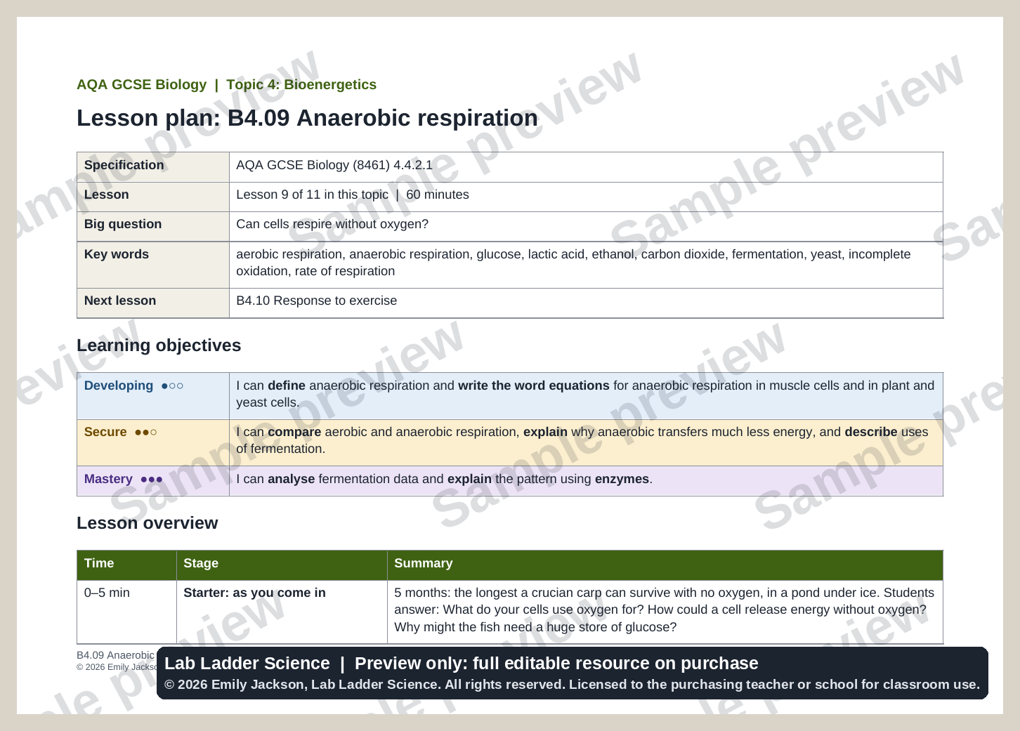 B4-09 Anaerobic Respiration: AQA GCSE Biology | Teaching Resources