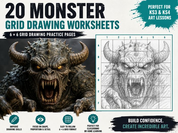 20 Monster Grid Drawing Worksheets | 6x6 Grid Drawing Activities | KS3 & KS4 Art