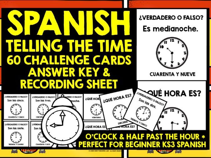 SPANISH TELLING THE TIME CHALLENGE CARDS O'CLOCK & HALF PAST Teaching