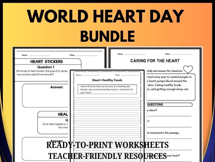 World Heart Day Reading, Writing & Math Bundle | Grades 2–8