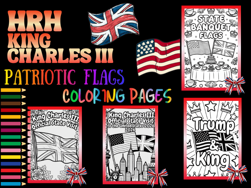 King Charles III State Visit to America Patriotic Flags Coloring Pages for Kids