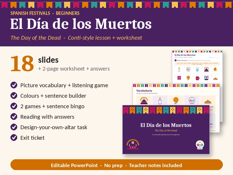 Día de los Muertos Conti-Style Spanish Lessons (x2) for S1/2, Y7/8 + Worksheet