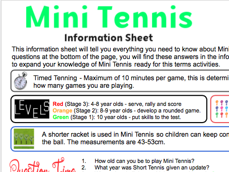 Mini Tennis Worksheet