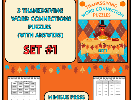 3 Thanksgiving Word Connections Puzzles SET 1 (Holiday/Party Game)