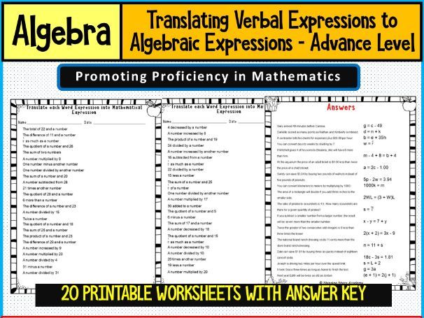 Translating Verbal Expressions to Algebraic Expressions – Worksheets Math Problems Advance Level