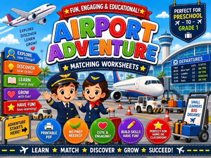 Airport Adventure Matching Worksheets | Preschool Kindergarten 1st Grade Activities