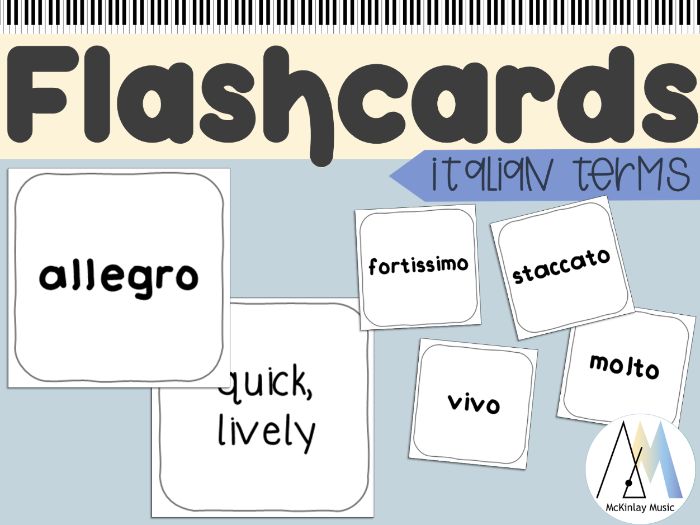 Italian Musical Terms Flashcards - 36 printable cards to support music theory