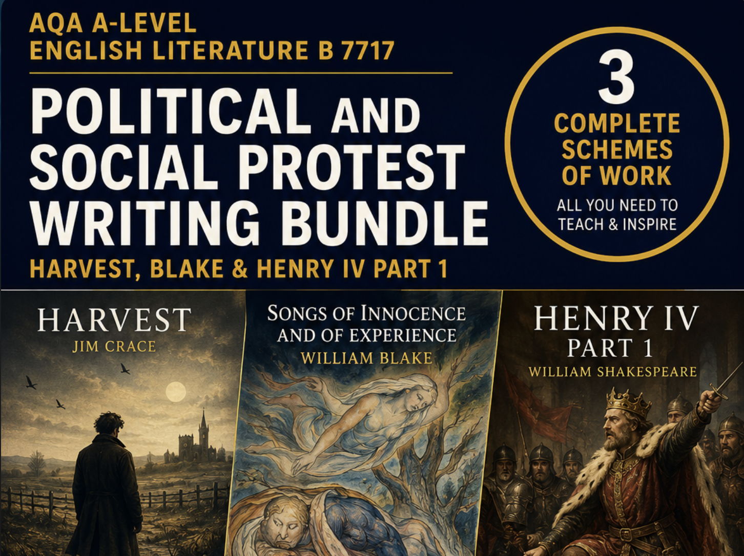 Harvest, Blake & Henry IV Part 1 - AQA A-Level English Literature B 7717 | Political and Social Protest Writing Bundle