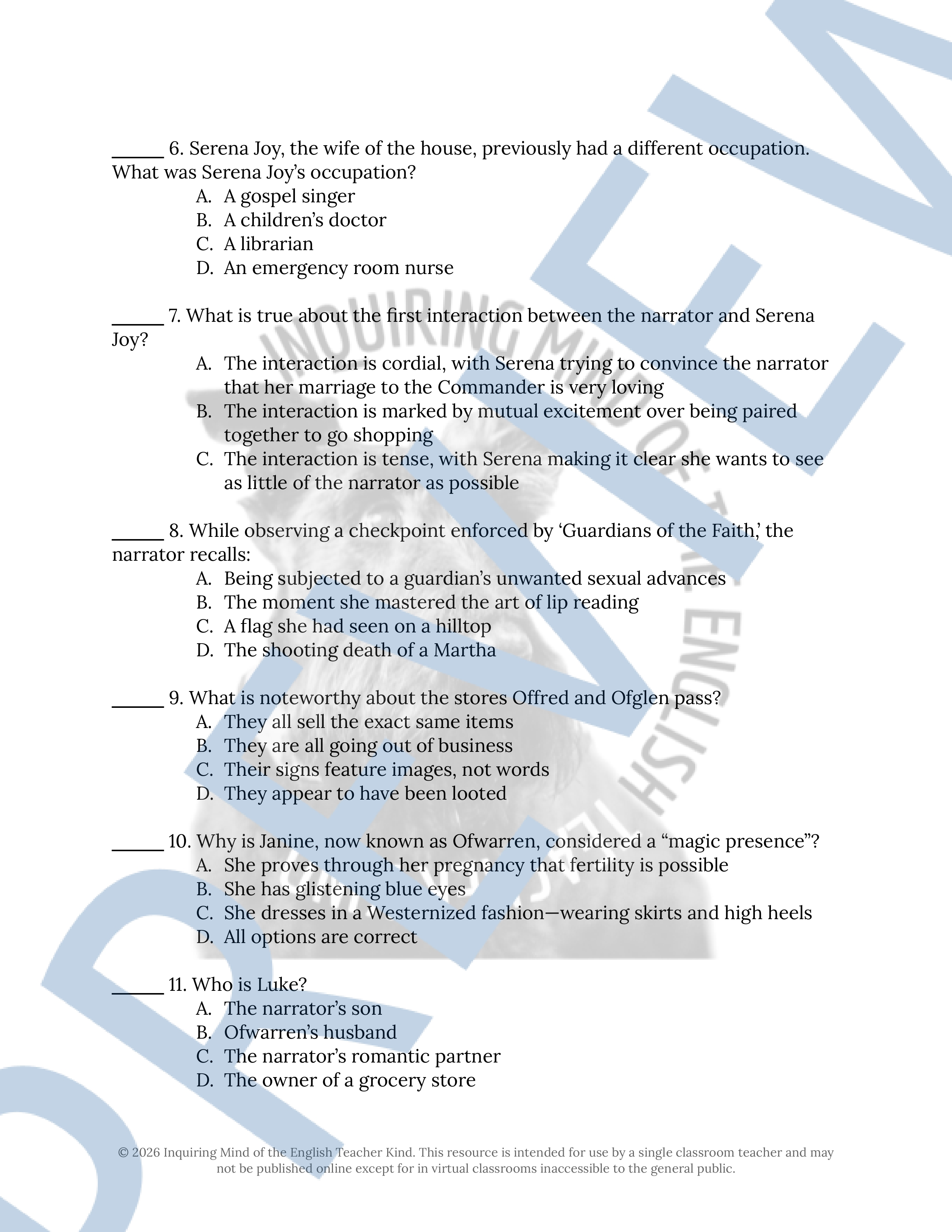 The Handmaid's Tale Chapters 1, 2, 3, 4, and 5 Quiz and Answer Key ...