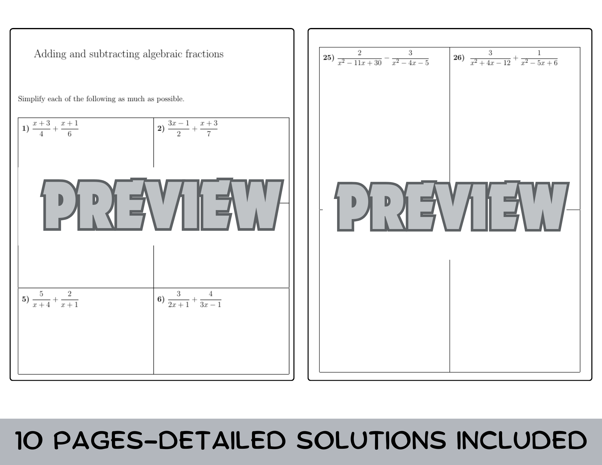 Sample Math Fraction Questions Adding & Subtracting Algebraic Fractions Practice Worksheet Rational ...