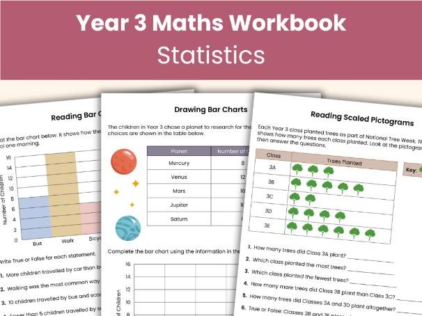 Year 3 Statistics Workbook | Bar Charts, Pictograms and Tables | 11 Worksheets