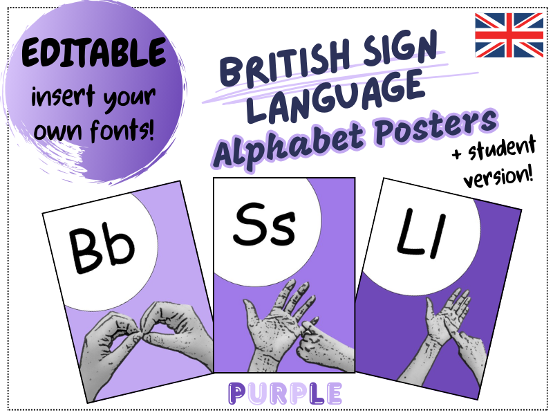 EDITABLE Alphabet Posters - British Sign Language (BSL) - Purple
