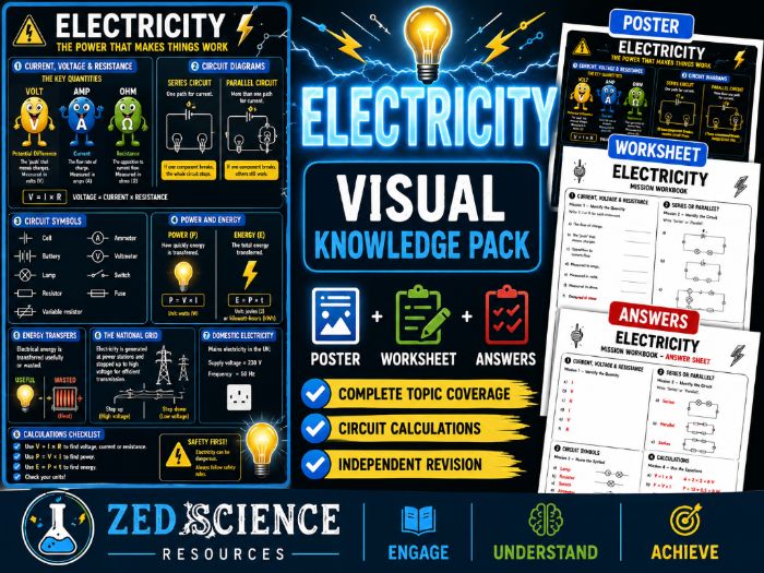 AQA GCSE Physics Electricity Revision Pack | Knowledge Poster, Worksheet & Answers