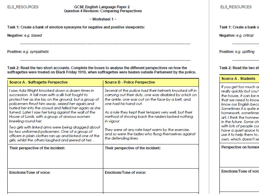 GCSE English Language - Paper 2 Question 4 - Comparing Perspectives Worksheets