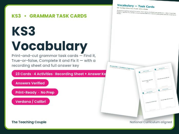 KS3 Vocabulary Task Cards – 23 Grammar Cards + Answer Key