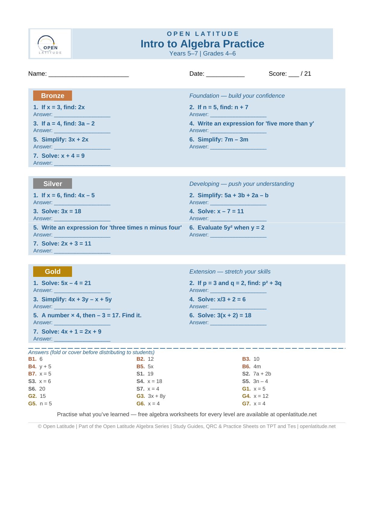 Intro to Algebra — 21 Practice Questions & Answers (Free Worksheet ...