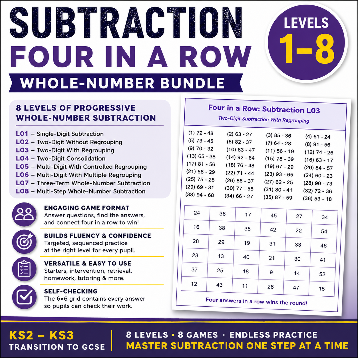 Whole-Number Subtraction Four in a Row Bundle | Levels 1–8