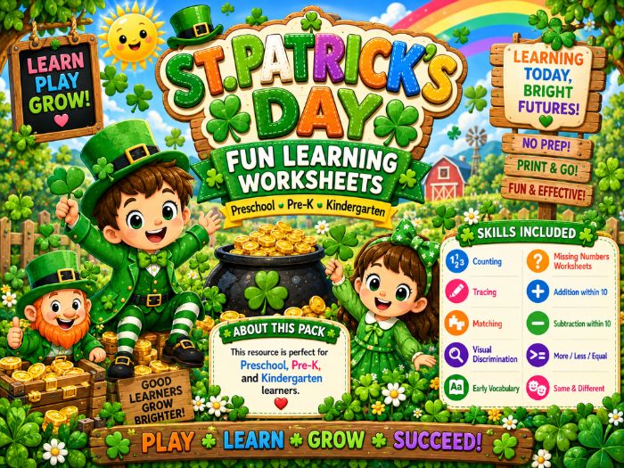 St. Patrick’s Day Worksheets for Pre-K & Kindergarten | Math, Tracing & Matching Activities