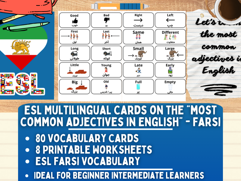 ESL Multilingual Vocabulary Flashcards - Most Common Adjectives - Farsi