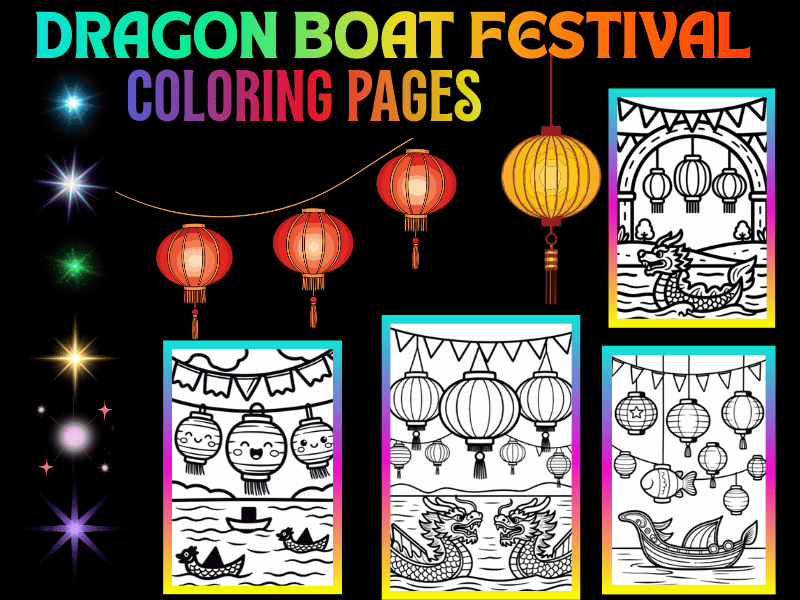 Dragon Boat Festival Flags & Lanterns Coloring Pages for Kids | NO PREP Activity