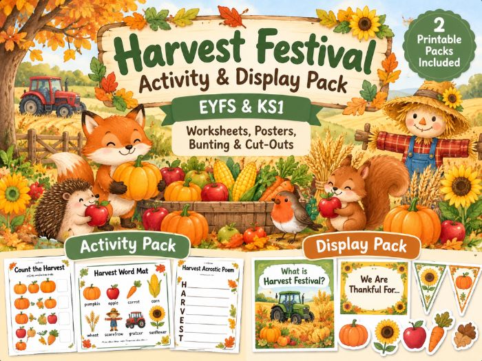 Harvest Festival Activity & Display Pack | EYFS & KS1 | Worksheets, Posters, Bunting & Cut-Outs