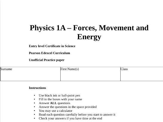 Science ELC Physics 1A - Forces, Movement & Energy Practice Paper