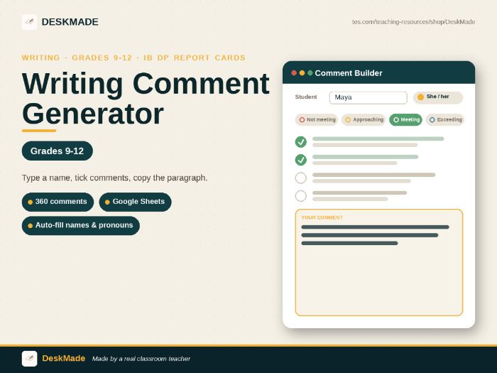 Writing Comment Generator | Grades 9–12 | IB DP Report Cards