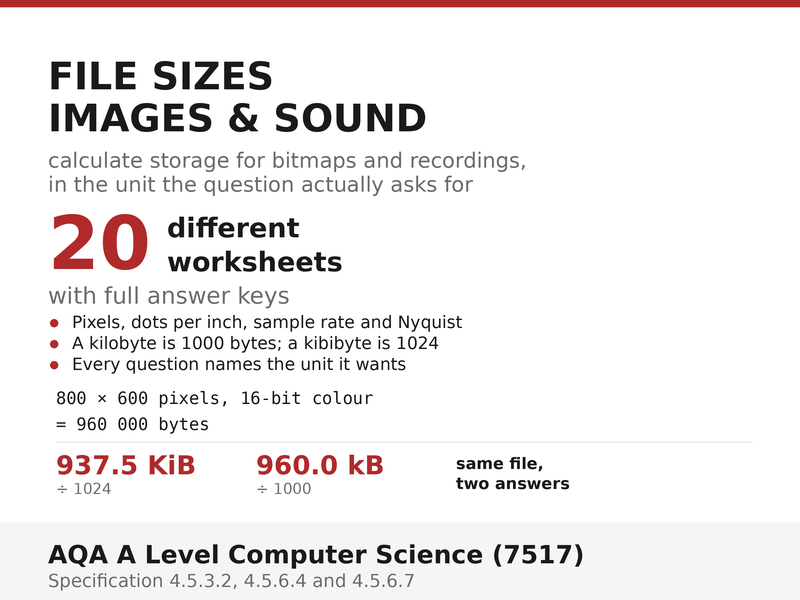File Sizes: Images & Sound | AQA A Level Computer Science 7517 | 20 Worksheets + Answers