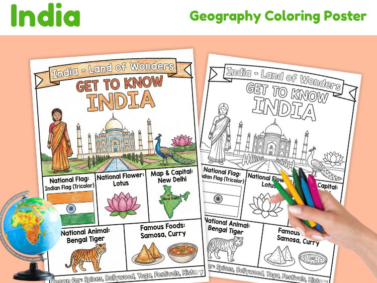 India Geography Coloring Poster | Country Facts & Coloring Activity