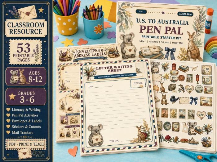 U.S. to Australia Pen Pal Starter Kit for Grades 3–6 – Letter Writing Sheets, Envelopes,