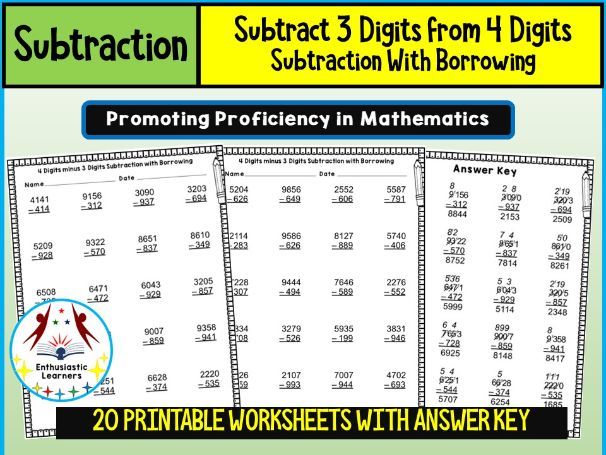 Subtract 3-Digits from 4-Digits Subtraction with Borrowing Worksheets – Practice Activity